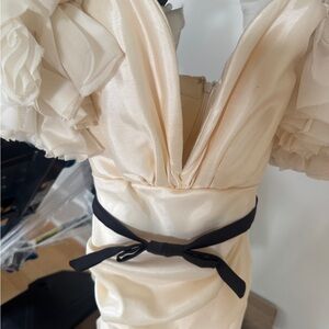 House of CB Cream One-Shoulder Satin Dress with Black Waist Tie